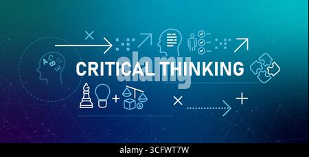 Il processo di pensiero critico trasmette la disciplina mentale dell'analisi e della valutazione delle informazioni per formare un giudizio ragionato Illustrazione Vettoriale