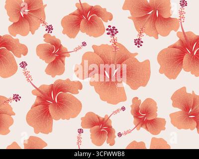 Motivo senza cuciture di fiori d'ibisco triopici arancioni granulosi adatti alla decorazione, alla carta da parati, alle stampe di tessuti, ai tessuti, alla carta da imballaggio, e altri pri Illustrazione Vettoriale