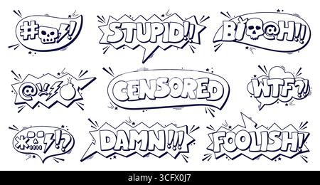 Set di bolle di colore bianco e nero. Dannazione, stupido, stupido, wtf, personaggi speciali, teschi e altre cattive parole. Illustrazione Vettoriale