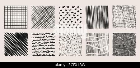 Tratteggio incrociato con griglia disegnata a mano, linee diagonali e segni di tracciatura per sfondi artistici. Varie tecniche di tratteggio: Onde, trattini e tratti geometrici per la progettazione grafica. Illustrazione Vettoriale
