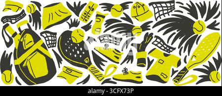 Set disegnato sul pastello del club di tennis Padel. Racchetta, palle, abito sportivo disegnato a mano, scarabocchio isolato su sfondo bianco. Scarabocchiare gli elementi delle attrezzature sportive. Vect Illustrazione Vettoriale