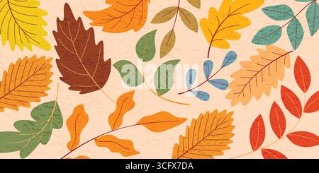 Sfondo orizzontale autunnale con foglie colorate ed effetto texture. Modello universale per la creazione di poster, banner, volantini, copertina, opuscoli, opuscolo. Illustrazione Vettoriale