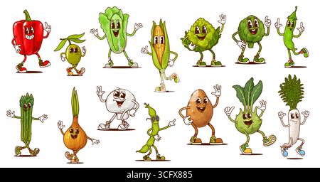 Personaggi di verdure e fagioli cartoni animati, cibo vegetariano hippie carino. Personaggi vettoriali psichedelici di cipolla, pepe, ravanello, olive e funghi. Buffi mais, asparagi e verdure di cavolo Illustrazione Vettoriale
