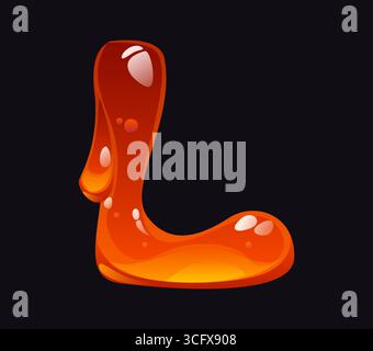 Carattere cartoni animati miele saporito Letter L. cartoni animati miele giallo lettera font alfabeto inglese, cartello tipo vettore caramello liquido. Gustose caramelle con simbolo o dolce elemento ABC color ambra Illustrazione Vettoriale