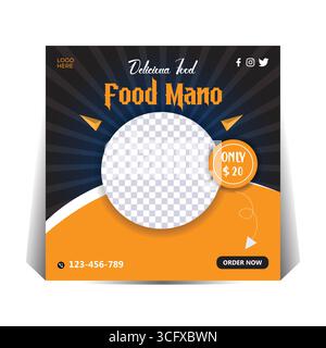Modello di post sui social media promozionali per ristoranti alimentari con area fotografica personalizzabile Illustrazione Vettoriale