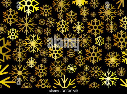 Una collezione di intricati fiocchi di neve dorati riempie lo sfondo scuro, creando un'accattivante illustrazione vettoriale perfetta per l'inverno Illustrazione Vettoriale