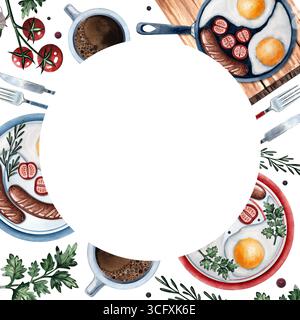 Cornice ad acquerello per colazione con uova fritte, salsiccia, tagliere, pane tostato, pomodori, caffè, piatto, aglio, illustrazione Foto Stock