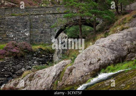 Il ponte Pont Pen-y-benglog fu costruito da Thomas Telford per abbracciare le cascate di Ogwen come parte della sua nuova strada di Londra e Holyhead ora A5. Foto Stock