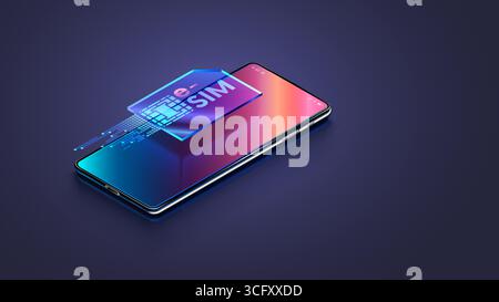 Icona eSIM sul telefono cellulare in 3d isometrico. scheda sim elettronica virtuale digitale sullo schermo del moderno smartphone. Concetto di tecnologia eSIM. Illustrazione Vettoriale