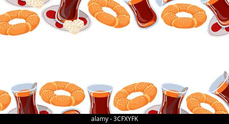 Bordo decorativo con tradizionale tè turco e pane simit su sfondo bianco in stile cartoni animati. Perfetto per il menu di design del ristorante, modello Illustrazione Vettoriale