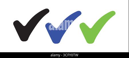 Icone dei segni di spunta scudo Trio in nero, blu e verde Illustrazione Vettoriale