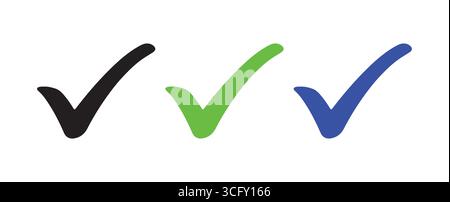 Icone dei segni di spunta scudo Trio in nero, blu e verde Illustrazione Vettoriale