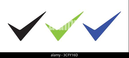 Icone dei segni di spunta scudo Trio in nero, blu e verde Illustrazione Vettoriale