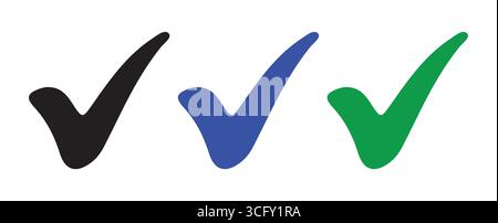 Icone dei segni di spunta scudo Trio in nero, blu e verde Illustrazione Vettoriale