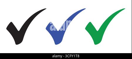 Icone dei segni di spunta scudo Trio in nero, blu e verde Illustrazione Vettoriale