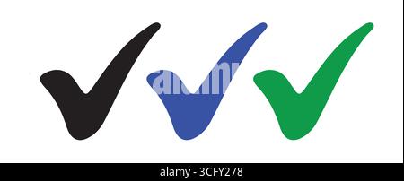 Icone dei segni di spunta scudo Trio in nero, blu e verde Illustrazione Vettoriale
