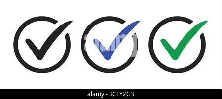 Icone dei segni di spunta scudo Trio in nero, blu e verde Illustrazione Vettoriale