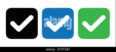 Icone dei segni di spunta scudo Trio in nero, blu e verde Illustrazione Vettoriale