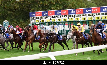 I corridori gareggiano nello Sky Bet Ebor handicap, vinto da Ethical Diamond, all'ippodromo di York, 23 agosto 2025. Foto Stock