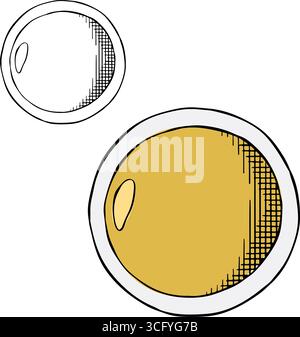 Ciotola dell'olio d'oliva colorata isolata. Illustrazione dell'inchiostro con linee grafiche vettoriali. oliare in un recipiente per salsa rotondo. Firma silhouette per logo, stampa, fumetti, moda, po Illustrazione Vettoriale