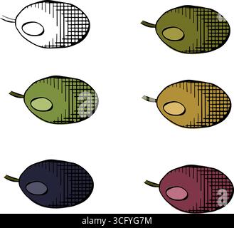 Colore singolo isolato di uva e frutti di oliva. Illustrazione dell'inchiostro con linee grafiche vettoriali. Elementi botanici naturali per decorazione, etichette, design. Olive, foglie S. Illustrazione Vettoriale