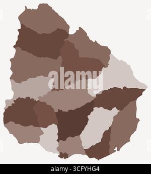 Mappa dell'Uruguay con le regioni. Solo una semplice mappa di confine con la divisione della regione. Tavolozza dei colori marrone. Illustrazione Vettoriale