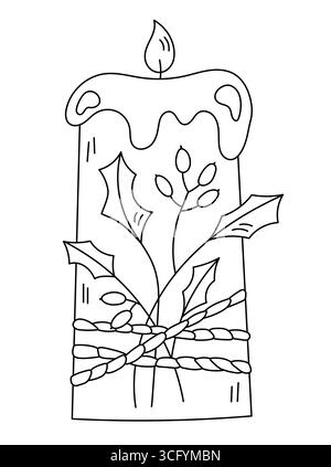 Pagina da colorare a tema natalizio per la creatività con Una candela decorata con motivi natalizi Illustrazione Vettoriale