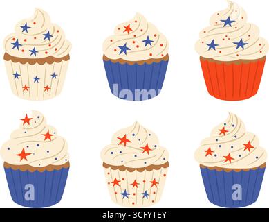 Set di cupcake patriottici festivi decorati con cremosa glassa, stelle rosse e blu e tazze a strisce nei colori della bandiera degli Stati Uniti, simbolo dell'Independe Illustrazione Vettoriale