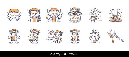 Set di halloween carino e spettrale illustrazione del personaggio di Frankenstein . Icona disegnata a mano . Vettore . Illustrazione Vettoriale