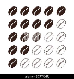 Intensità del chicco di caffè livello di tostatura, intensità medio chiaro o scala scura. Impostare un indicatore minimo, per friggere i chicchi di caffè. Birra diversa. Illustrazione vettoriale Illustrazione Vettoriale