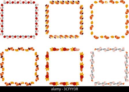 Set di cornici quadrate autunnali. Foglie di quercia e acero, mele e ghianda con ramoscello di rowan. Corone su sfondo trasparente. Illustrazione Vettoriale