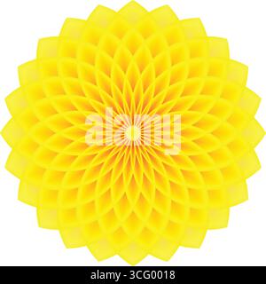 Mandala radiale giallo brillante con intricati motivi geometrici e un centro arancione ardente evoca energia e calore Illustrazione Vettoriale