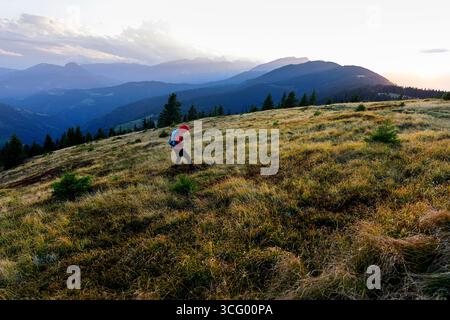 Escursionista femminile che esplora la catena montuosa di Smrekovec in Slovenia, camminando attraverso foreste incontaminate e una natura selvaggia incontaminata circondata da una natura tranquilla Foto Stock