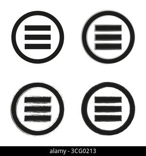 Tre cerchi a strisce. Set icone menu. Simbolo linee orizzontali. Pulsante Web vettoriale. EPS 10. Illustrazione Vettoriale