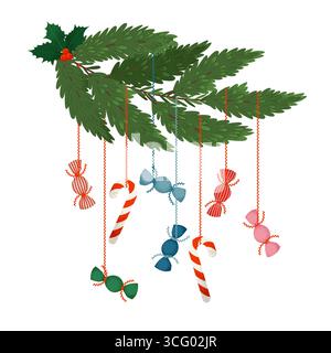 Fir Twig di Natale con caramelle appese. Illustrazione vettoriale in stile retrò alla moda Illustrazione Vettoriale