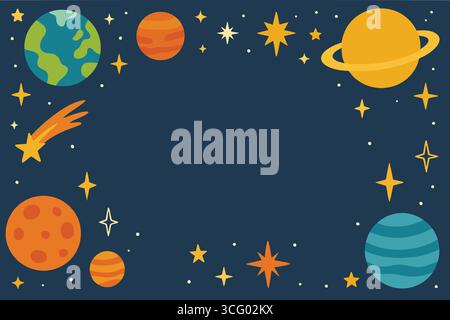 Un rettangolo blu profondo decorato con pianeti lune e minuscole stelle orbitanti intorno a un campo centrale vuoto per i messaggi. Illustrazione Vettoriale