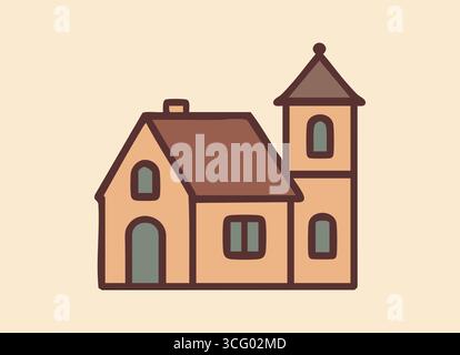 Una scena cittadina minimale con una piccola casa e un edificio di cappella mostrato con linee semplici e colori tenui. Illustrazione Vettoriale