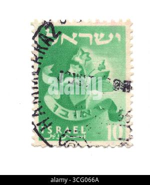 Un francobollo vintage da Israele isolato su sfondo bianco. Foto Stock