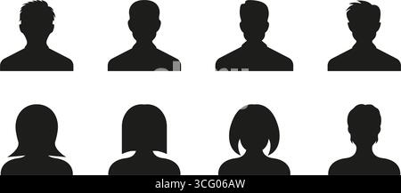 Sagome avatar utente per il set di icone profili, contatti e team solidi. Avatar del profilo per app, siti Web e simbolo silhouette dei social media Illustrazione Vettoriale