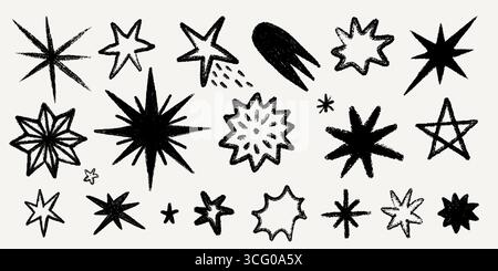 Set di stelle con audace texture pastello disegnato a mano, stelle di doodle, comete e forme scintillanti in un divertente stile gesso. Stella del pastello e illustrazione dello schizzo con Illustrazione Vettoriale