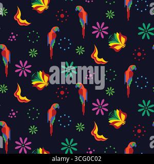 Motivi floreali folcloristici con motivi ornamentali per Hispanic Heritage Month, Cinco de Mayo, festa messicana. Illustrazione Vettoriale