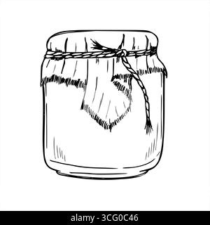 Vasetto in vetro con marmellata, miele o conserve illustrazione isolata del vettore di contorno. Disegno inciso di conservazione fatta in casa in stile vintage. Illustrazione Vettoriale