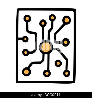 Una semplice illustrazione di una scheda a circuito stampato con linee e nodi interconnessi. Il design presenta un cerchio arancione centrale con linee nere che irradiano Illustrazione Vettoriale