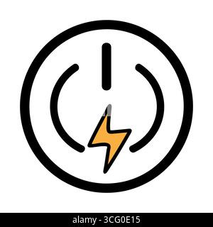 Una semplice icona del pulsante di accensione caratterizzata da un design circolare con un fulmine. L'icona è in bianco e nero e simboleggia un fulmine giallo Illustrazione Vettoriale