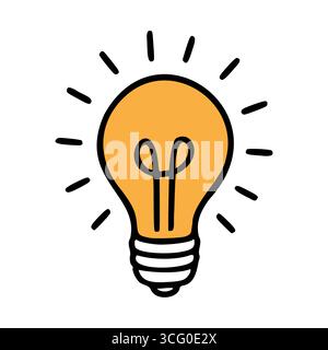 Una semplice illustrazione di una lampadina con raggi emanati da essa. La lampadina è gialla con un design classico, che simboleggia idee e innovazione. Illustrazione Vettoriale
