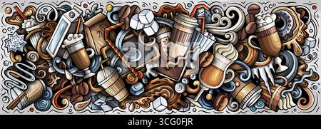 Immagine del banner vettoriale di latte freddo e bevande a base di caffè freddo con tazze, chicchi, ghiaccio, latte ed elementi da caffè. Ideale per caffetterie, in estate Illustrazione Vettoriale