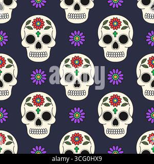 Motivo vettoriale senza cuciture con teschi di zucchero e fiori colorati. Design piatto Illustrazione Vettoriale