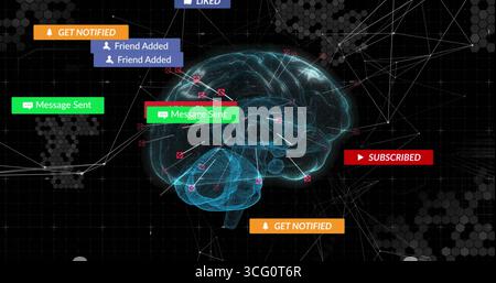 Cervello olografico rotante che proietta linee di rete in griglia esagonale, con banner di notifica UI Foto Stock
