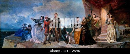 L'arrivo di Maria Stuart di Louis Eugene di Gabriel Isabey 1803-1886 Francia Museo francese di Lille Francia. Maria, regina di Scozia, nota anche come Maria Stuart o Maria i di Scozia, fu regina di Scozia dal 14 dicembre 1542 fino alla sua abdicazione forzata il 24 luglio 1567. L'unica figlia legittima sopravvissuta di Giacomo V di Scozia, Maria aveva sei giorni quando suo padre morì e lei ereditò il trono ) Foto Stock