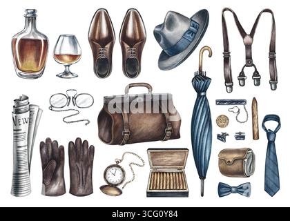 Un set di accessori da uomo. Clip art di illustrazioni ad acquerello disegnate a mano. Oggetti della moda, delle abitudini e dello stile di vita degli uomini. Per cartoline e banner Foto Stock